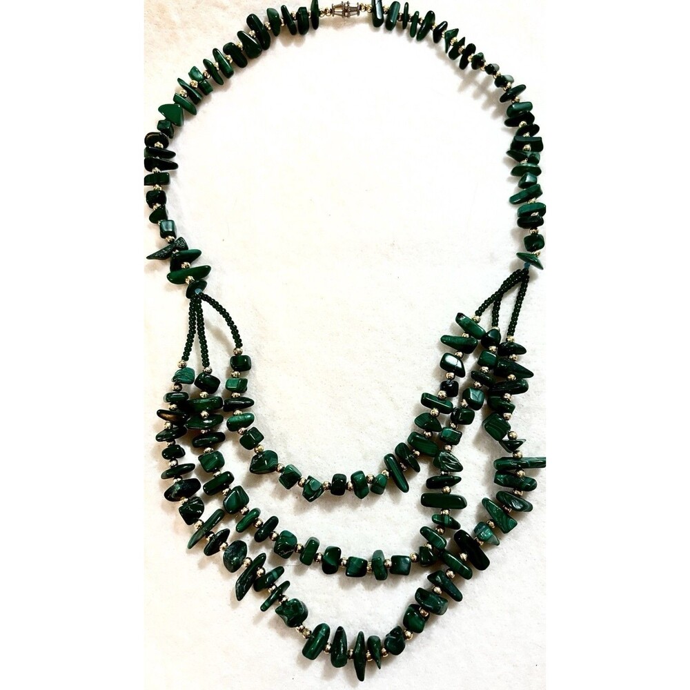 Vintage Tribal Style Malachite Bead Multi Strand Bib Necklace Green Statement